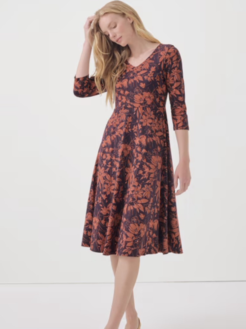 Pact Fit & Flare Midi Party Dress 3/4 sleeves Small